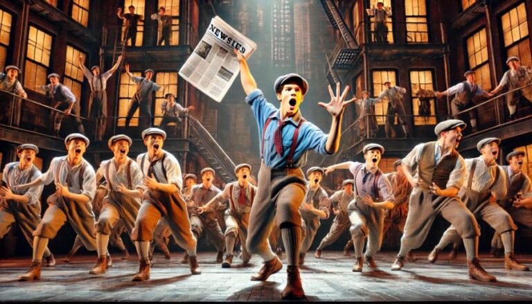 An AI-generated image depicting a scene from the newsboy strike of 1899 which inspired the musical.