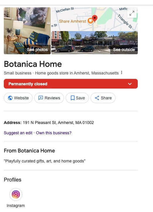 Botanica's Google Business Profile showing a 'permanently closed' banner