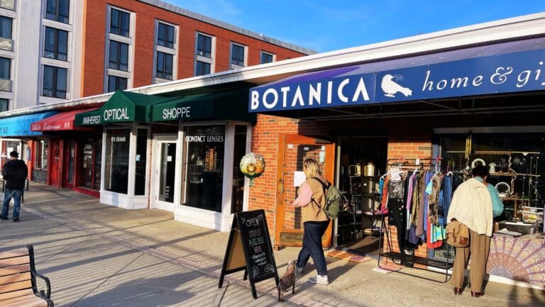 The sun is out! Shoppers outside Botanica Home & Gift in Downtown Amherst, March 14, 2025