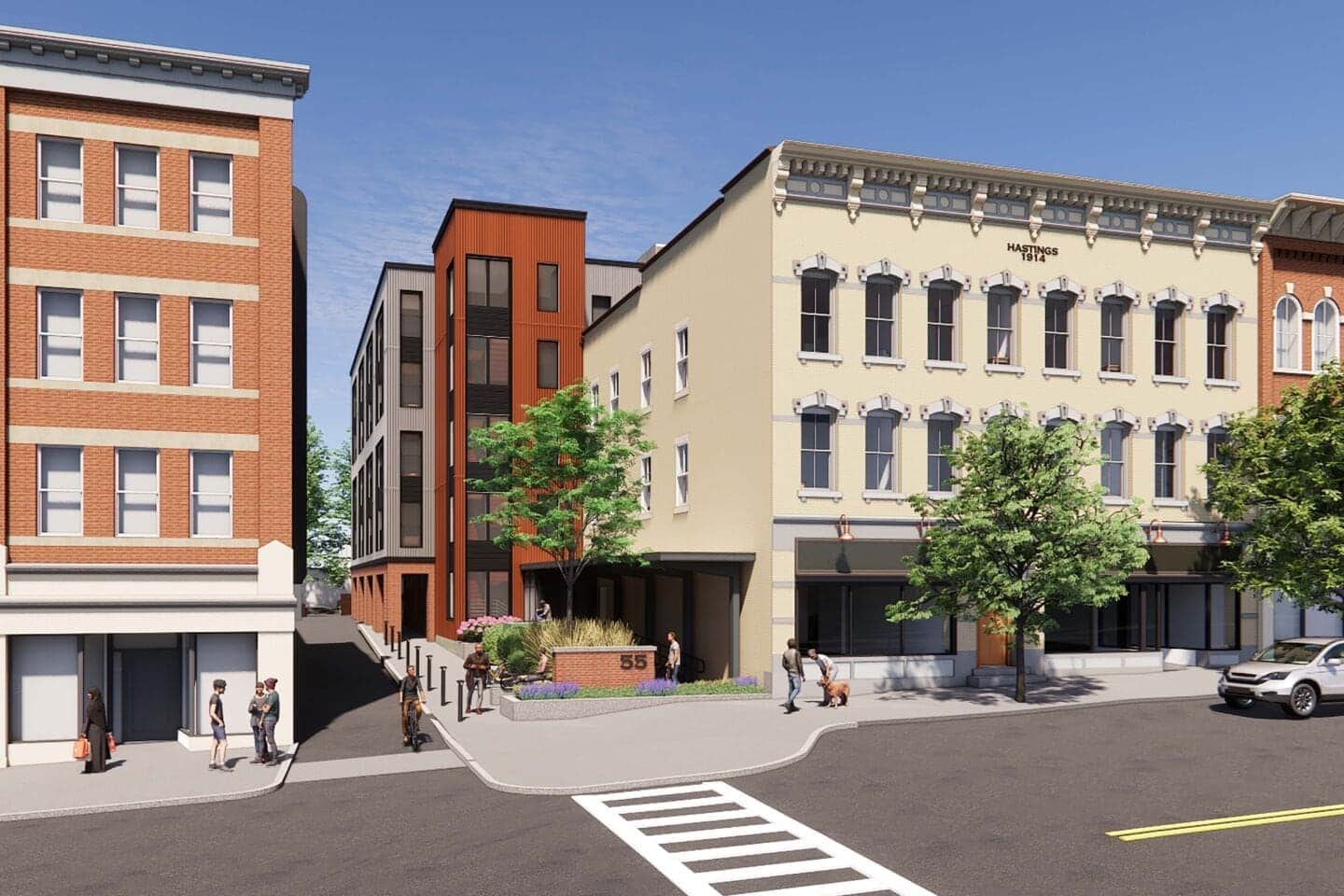 A rendering by Kuhn Riddle Architects shows the planned appearance of the completed 55 South Pleasant Street apartment building.