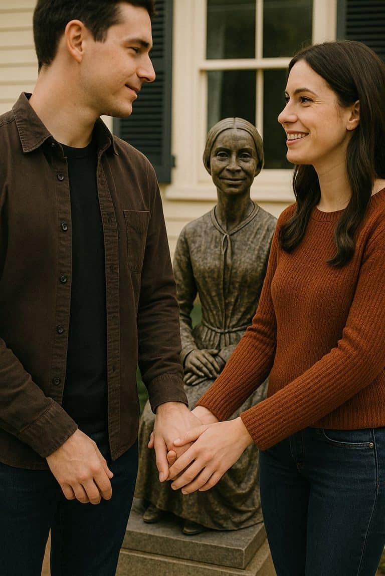 A couple holds hands while a statue of Emily Dickinson looks on in the background - AI Generated for Amherst Now