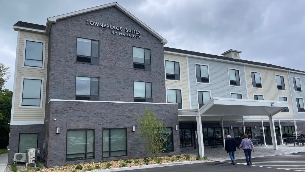 The exterior of the TownePlace Suites Hadley Amherst