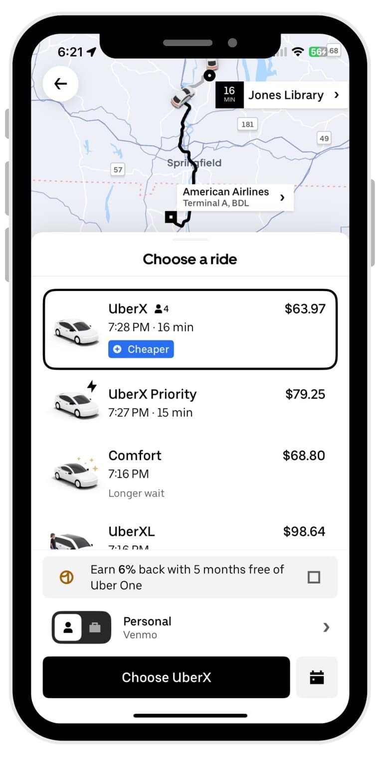 Uber App Screenshot - Cost of trip from Amherst MA to Bradley International Airport