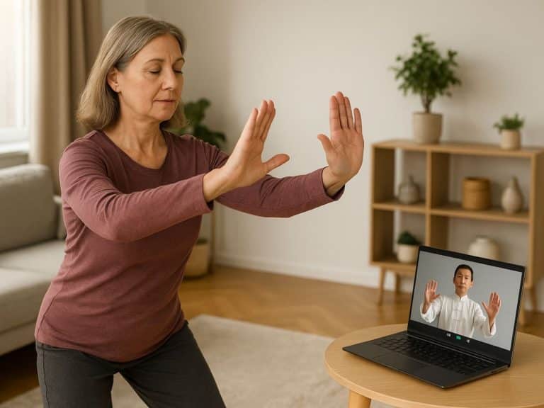 A woman follows following along to a Qigong workout led by an instructor on her laptop