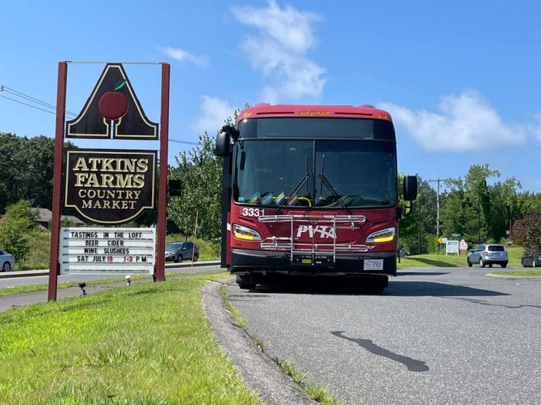 A PVTA bus waits for passengers at Atkins Farms Market in South Amherst.