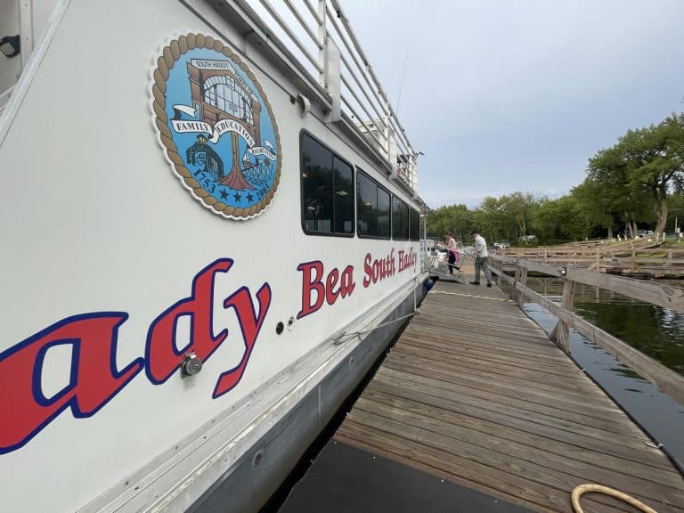 Two guests at the annual Connecticut River Cruise on the Lady Bea hosted by the Amherst Area Chamber and the South Hadley Granby Chamber of Commerce.