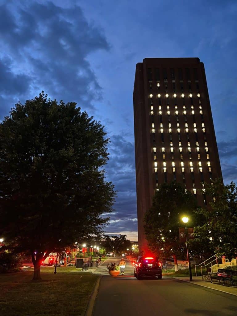 Emergency vehicles outside W.E.B. Du Bois Library, August 25, 2025