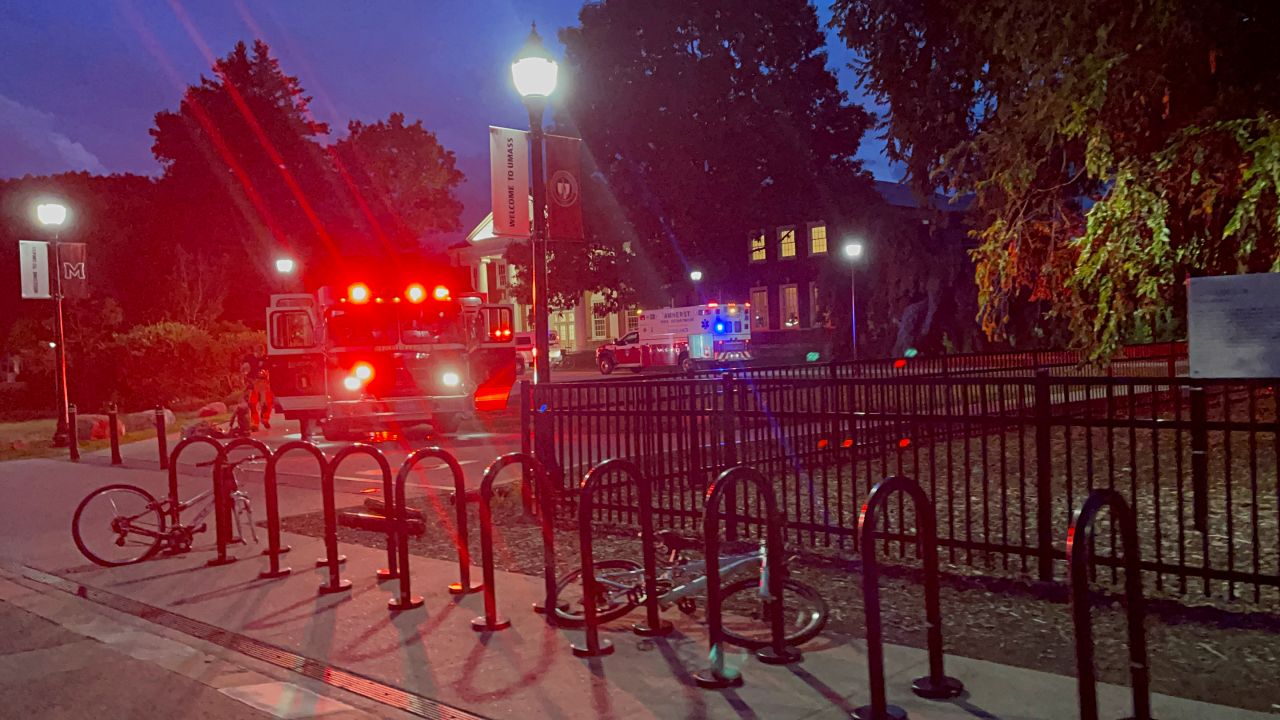 Emergency crews respond to a fire alarm at W.E.B. Du Bois Library.