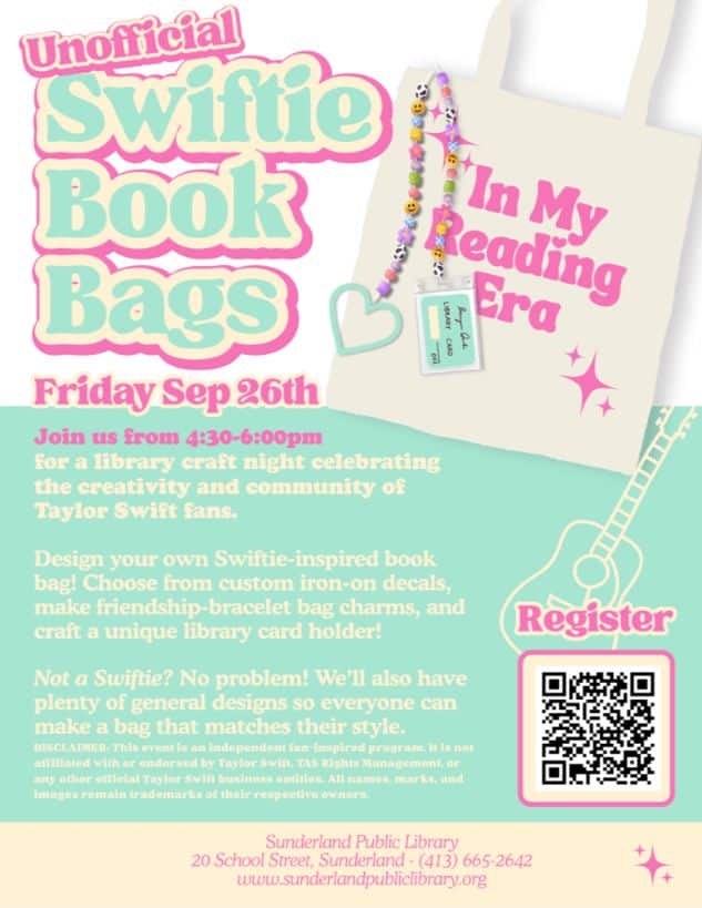 Swiftie book bag craft Sunderland Public Library 2025