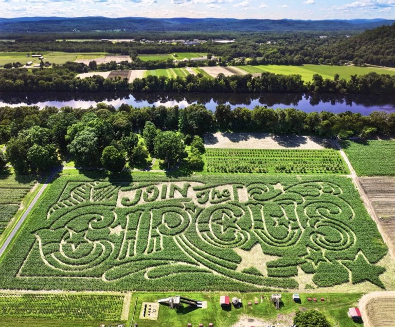 An aerial view of Mike's Maze, with the Connecticut River in the background. Sunderland MA.