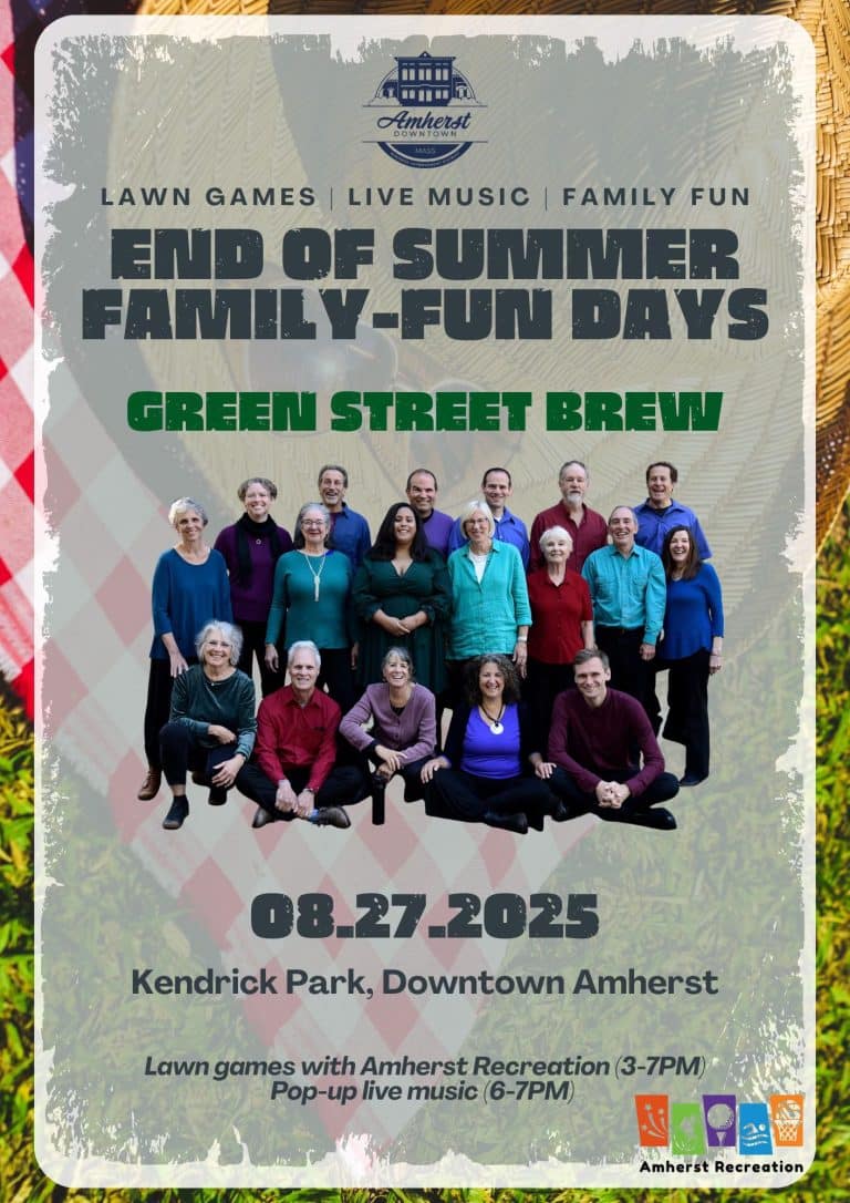 A flyer for the Green Street Brew End of Summer Family Fun Days Concert at Kendrick Park.