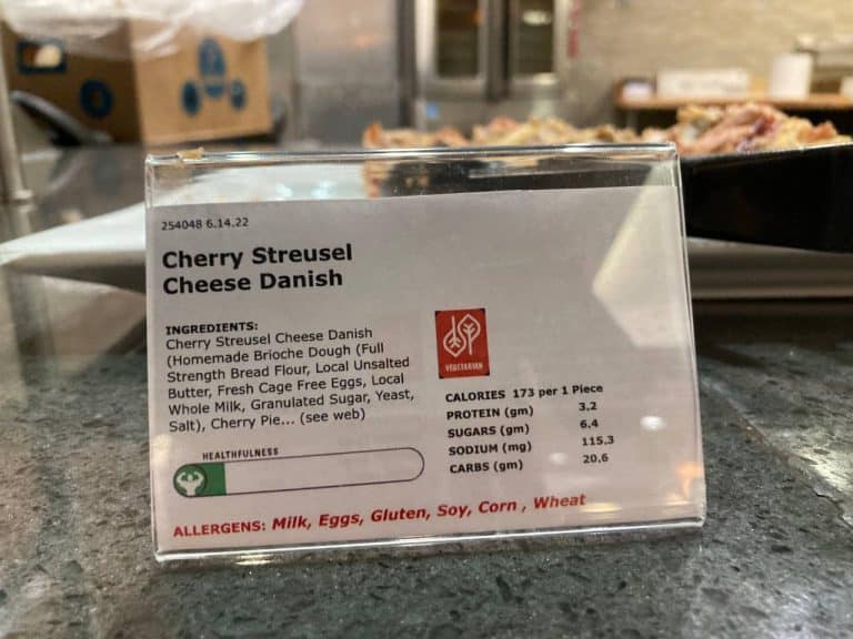 A tent card announcing cherry streusel cheese danish as a dessert option at the Berkshire Dining Commons, UMass Amherst.