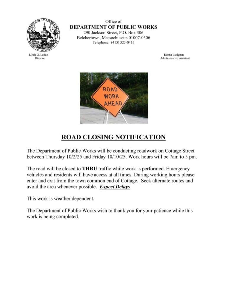 Belchertown Cottage Street road closure 2025