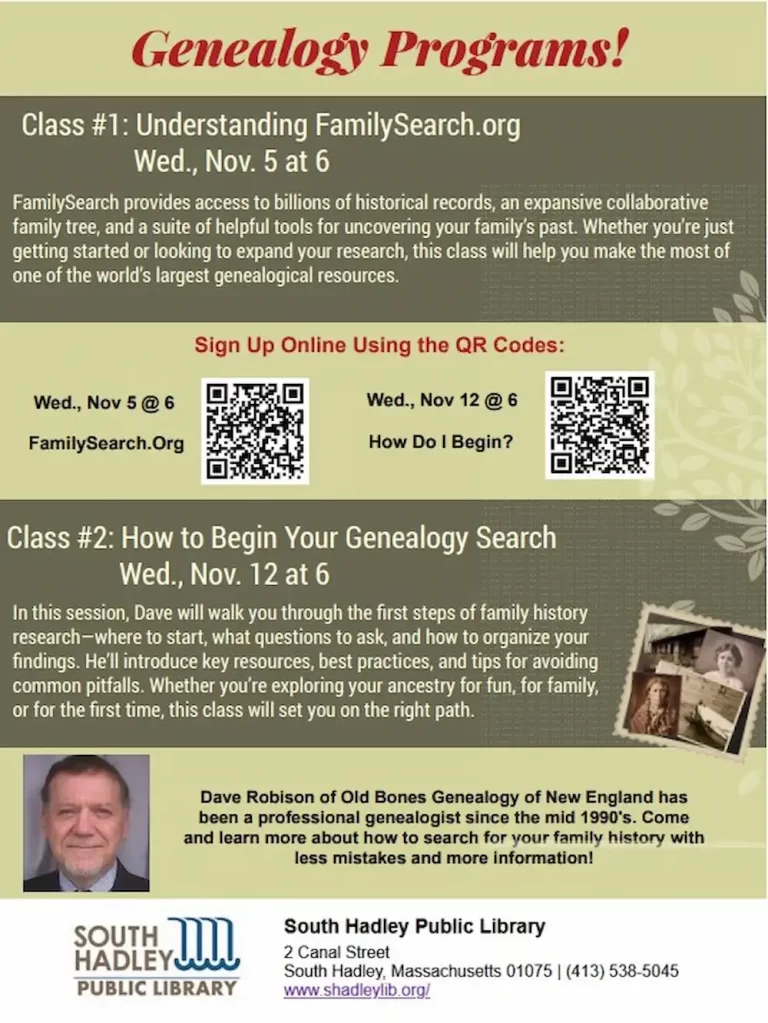 Genealogy classes South Hadley Public Library