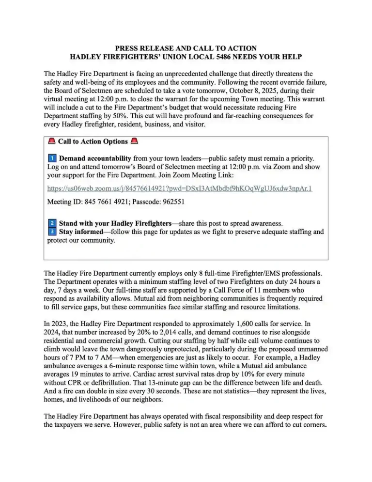 Hadley Fire Department staffing cuts 2025