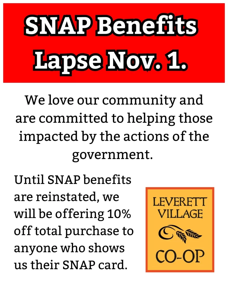 SNAP benefits Leverett Village Co-op discount