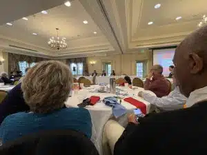 Mindy Domb, Aaron Sanders, Jake Olivera and Jo Comerford respond to questions at the legislative breakfast on October 31, 2025.