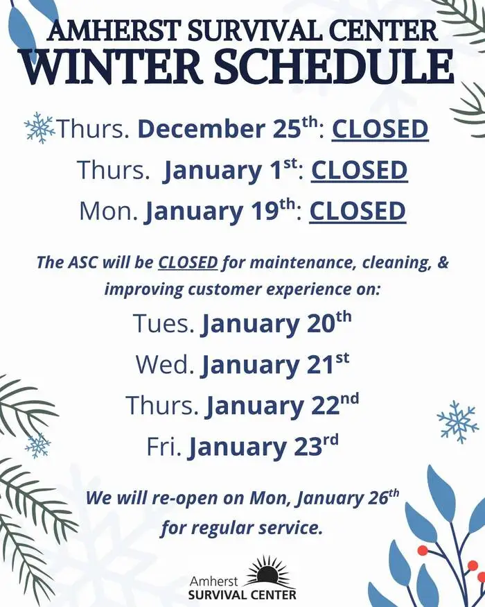 Amherst Survival Center winter hours 2025