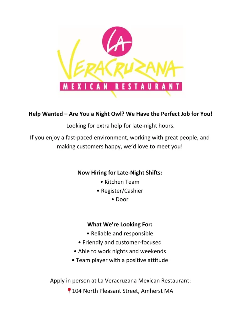 Amherst late-night restaurant jobs