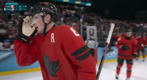 Cale Makar after scoring the equalizer in the 2026 Winter Olympics Hockey finals.