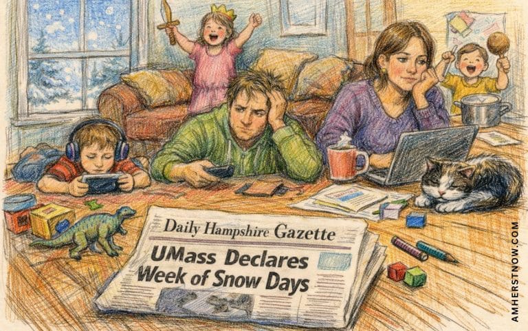 Graphic showing family stuck at home on a snow day