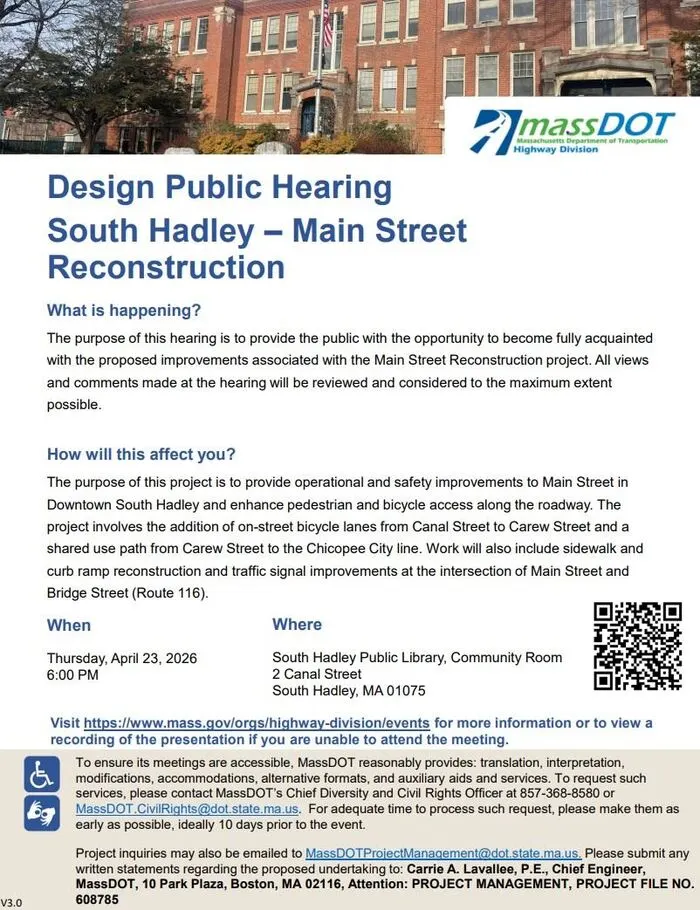 South Hadley Main Street reconstruction April 2026