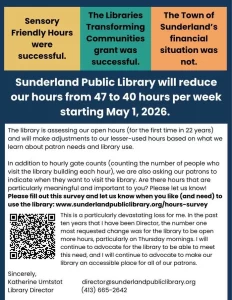Sunderland Library reduces hours starting May 1 2026