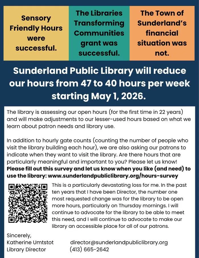 Sunderland Library reduces hours starting May 1 2026