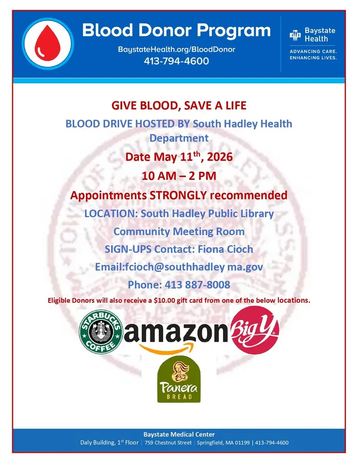 South Hadley Health Department and Baystate Health blood drive