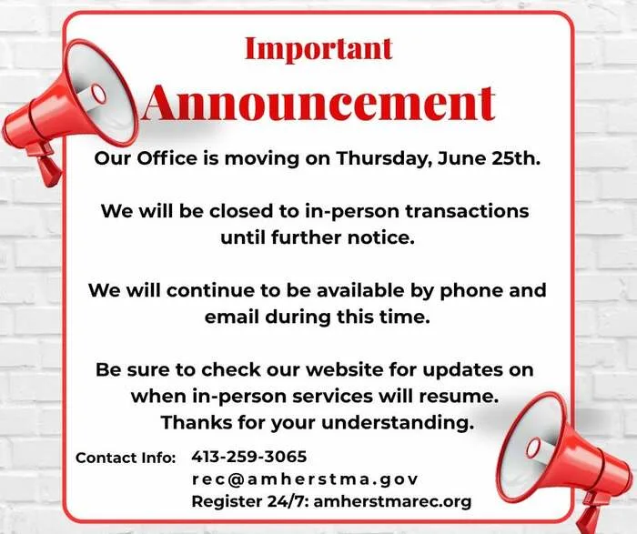 Amherst Recreation Office Move – In-Person Transactions Temporary Closed