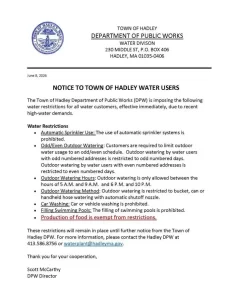 Hadley Water Restrictions: Automatic Sprinklers Prohibited, Odd/Even Watering Required June 2026
