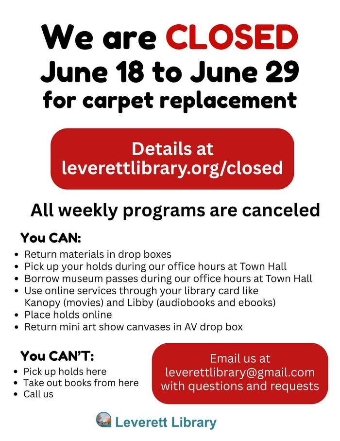 Leverett Library Closed June 18-29 for Carpet Replacement