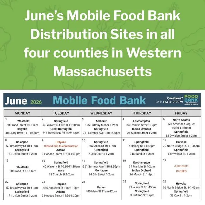 Mobile Food Bank Schedule for June 2026 in Western MA
