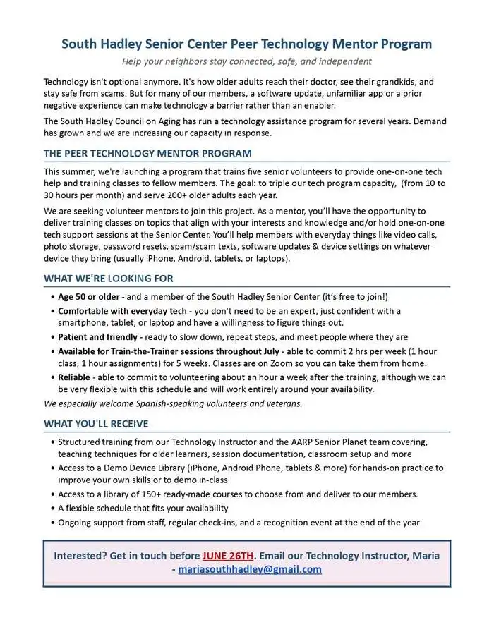 South Hadley Senior Center Seeking Peer Technology Mentors – Training Provided