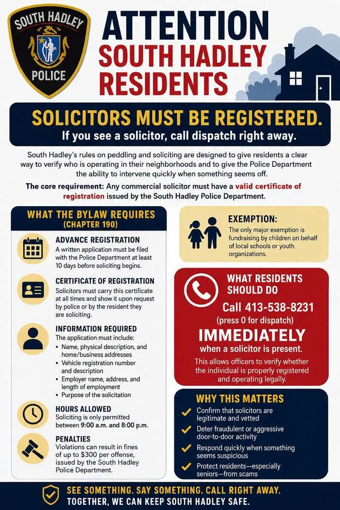 South Hadley Solicitor Rules: Call Dispatch Immediately When Solicitor Is Present