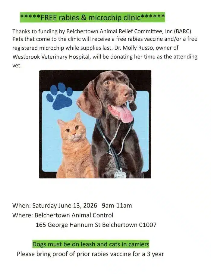 Free Rabies & Microchip Clinic in Belchertown: June 13 2026