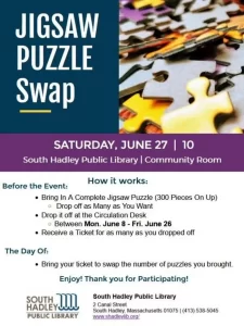 Jigsaw Puzzle Swap at South Hadley Library: June 8-26 Drop-Off, Swap June 27