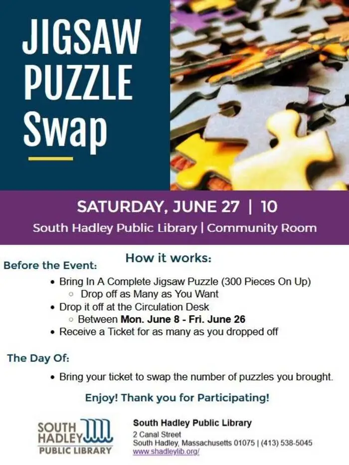 Jigsaw Puzzle Swap at South Hadley Library: June 8-26 Drop-Off, Swap June 27